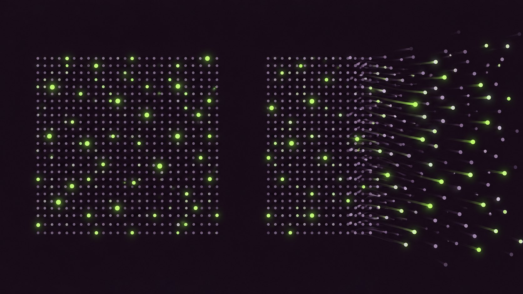 Two grids of wallet dots side by side. On the left the dots stay in place. On the right most of them stream away off the edge.